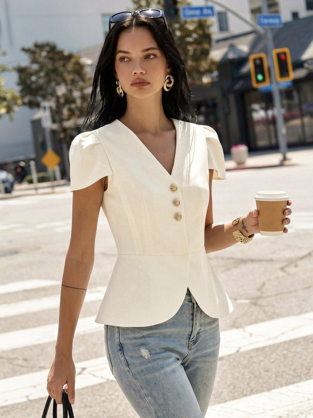 COMMENSE Women's Cream V-Neck Button Peplum Top